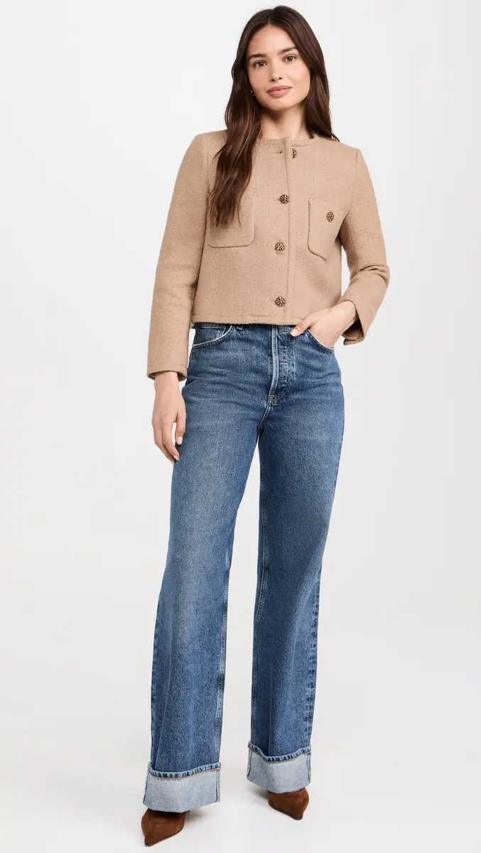 ba&sh Meredith Jacket, Camel, US Size 0 | Mid-weight Tweed, Padded Shoulders - view 5
