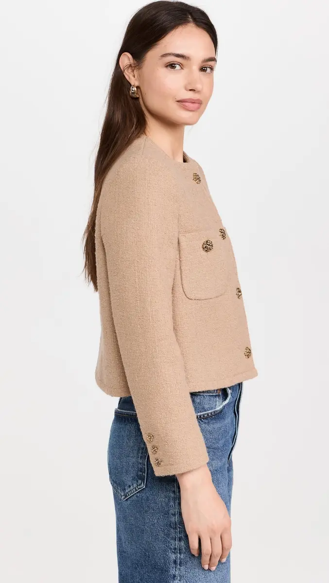 ba&sh Meredith Jacket, Camel, US Size 0 | Mid-weight Tweed, Padded Shoulders - view 4