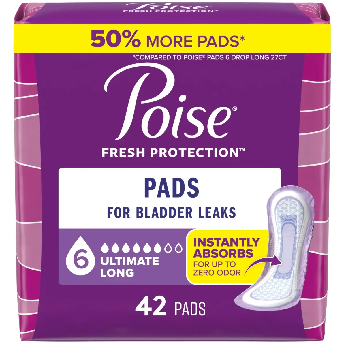 Poise Incontinence Pads for Women, Ultimate Absorbency, Long Length, 42 ct | 12 Hours Protection - main product image