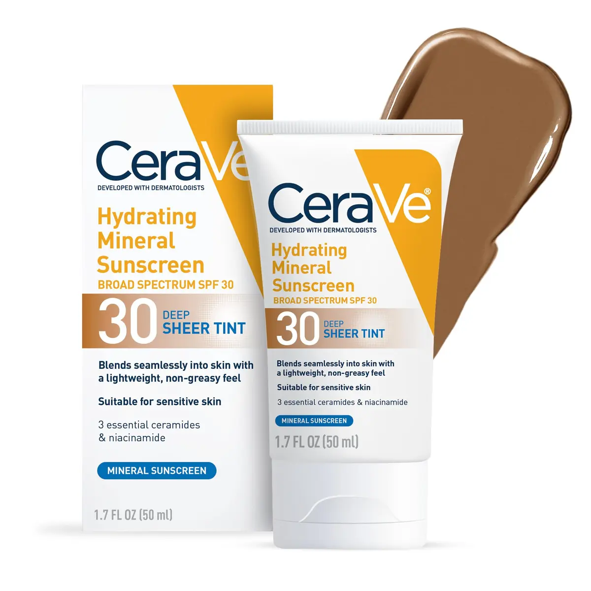 CeraVe Tinted Sunscreen for Face, Mineral SPF 30 Moisturizer, Deep, 50ml (1.7 Fl Oz) | Broad Spectrum Protection - main product image