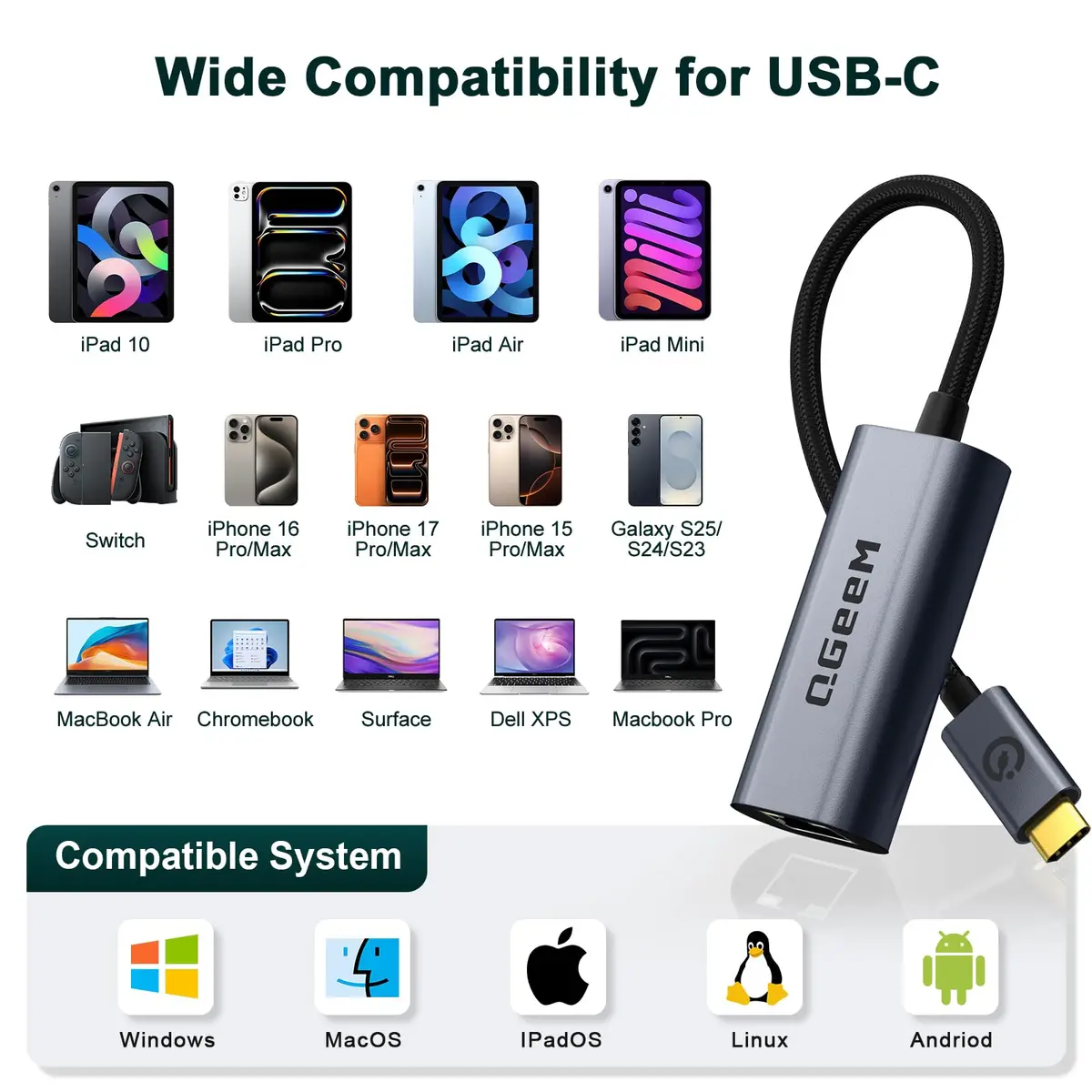 QGeeM USB C to Ethernet Adapter 1000Mbps | Gigabit Type-C Network Dongle for MacBook, iPad, Dell, Switch (Classic Gray) - view 8