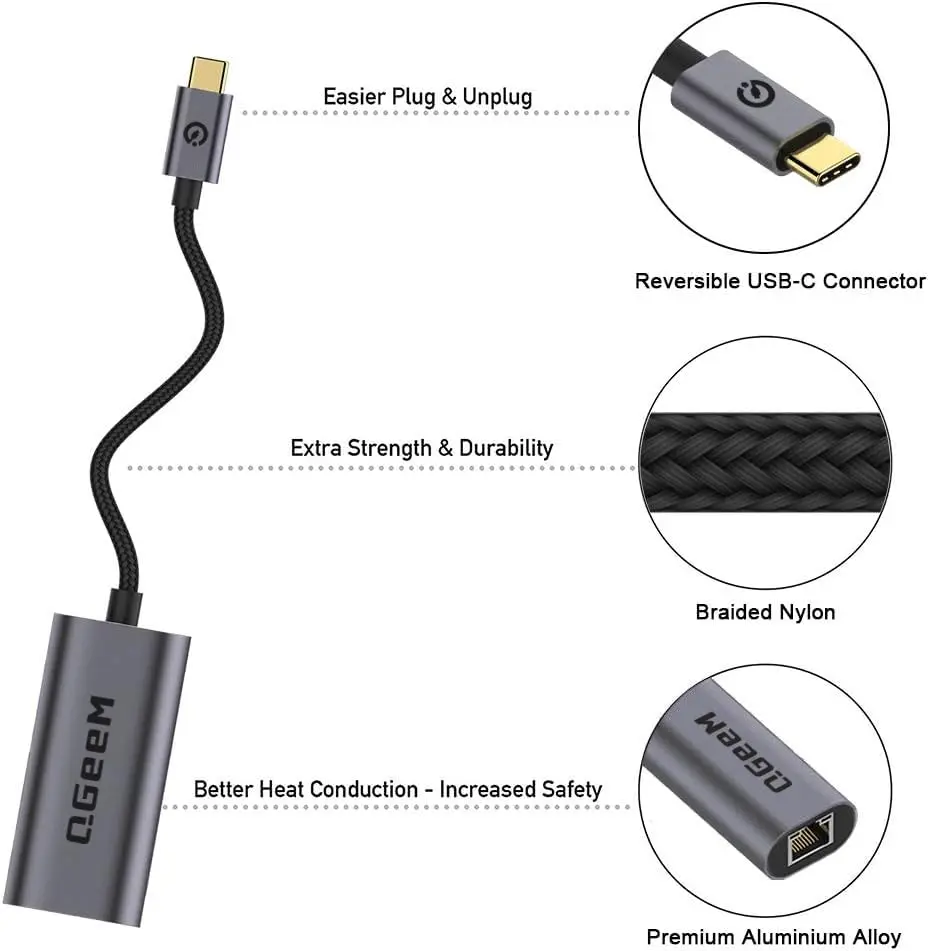 QGeeM USB C to Ethernet Adapter 1000Mbps | Gigabit Type-C Network Dongle for MacBook, iPad, Dell, Switch (Classic Gray) - view 9