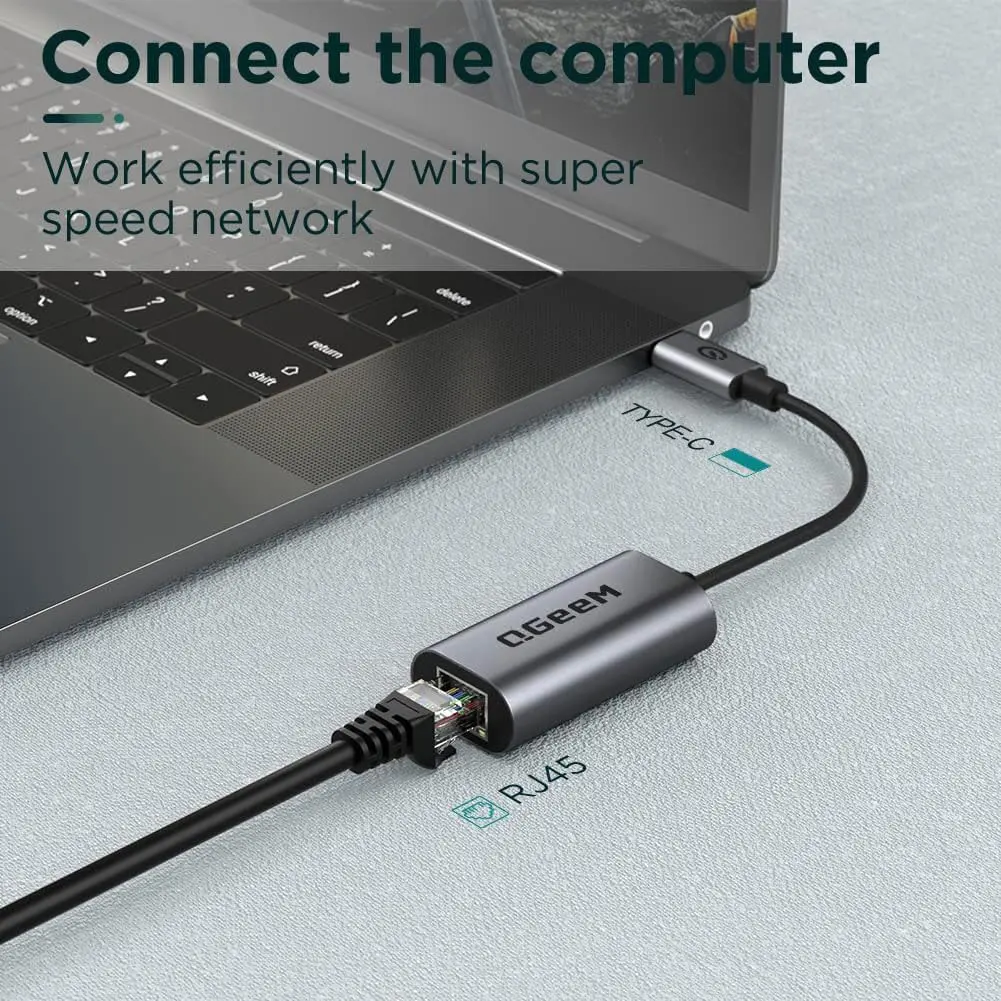 QGeeM USB C to Ethernet Adapter 1000Mbps | Gigabit Type-C Network Dongle for MacBook, iPad, Dell, Switch (Classic Gray) - view 2