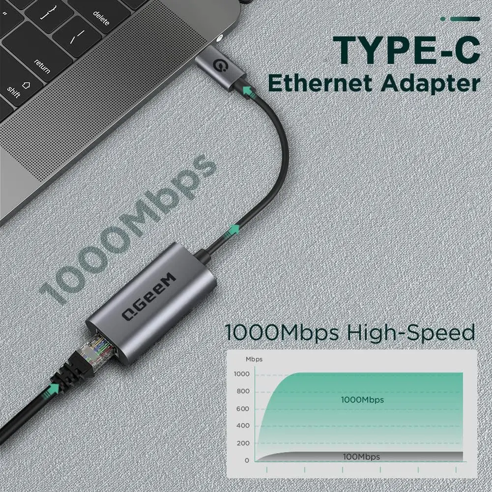 QGeeM USB C to Ethernet Adapter 1000Mbps | Gigabit Type-C Network Dongle for MacBook, iPad, Dell, Switch (Classic Gray) - view 3