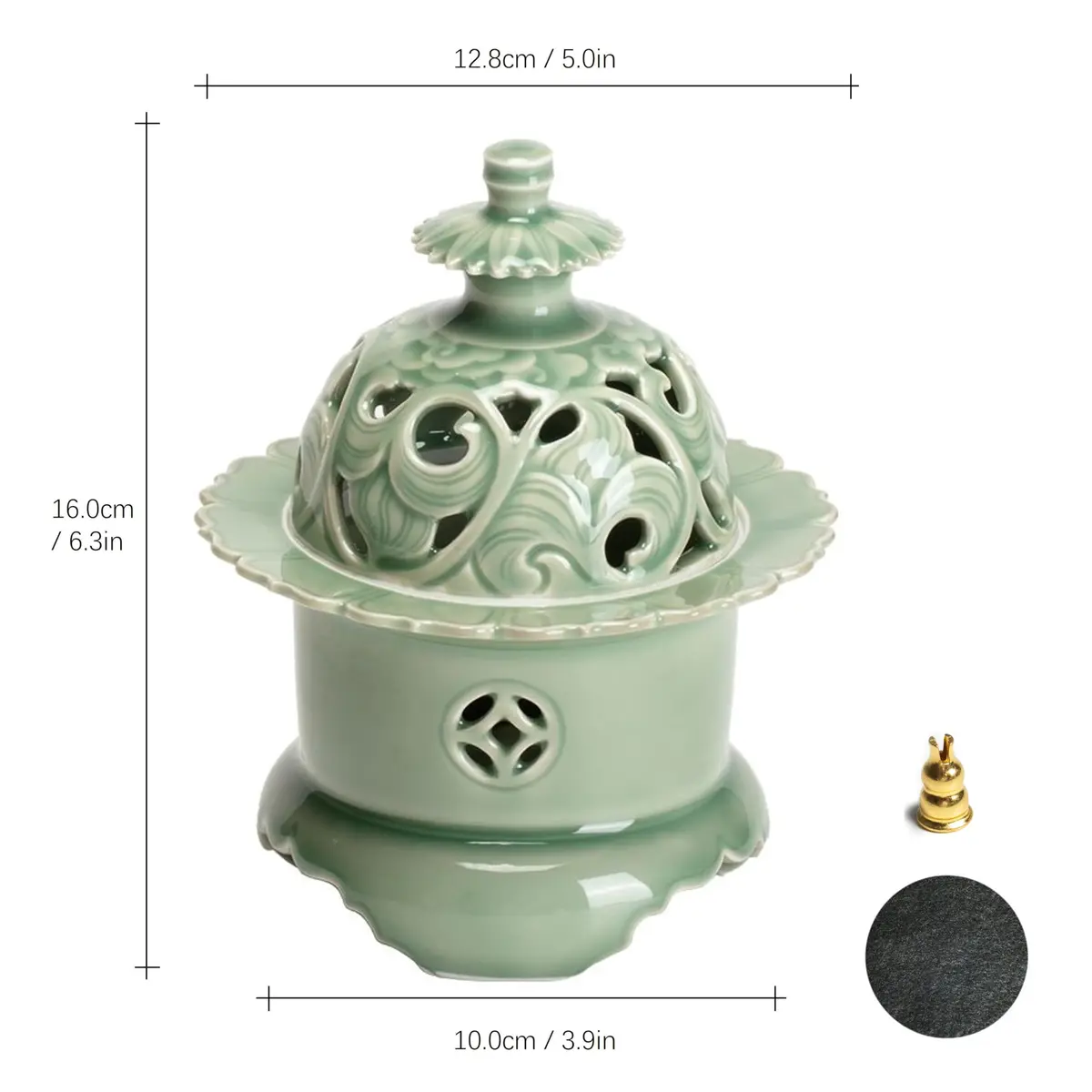 Hermit Life Three-Legged Incense Burner (Celadon), Porcelain Incense Holder with Lotus-Shaped Lid, Green | Song Dynasty Style - view 2