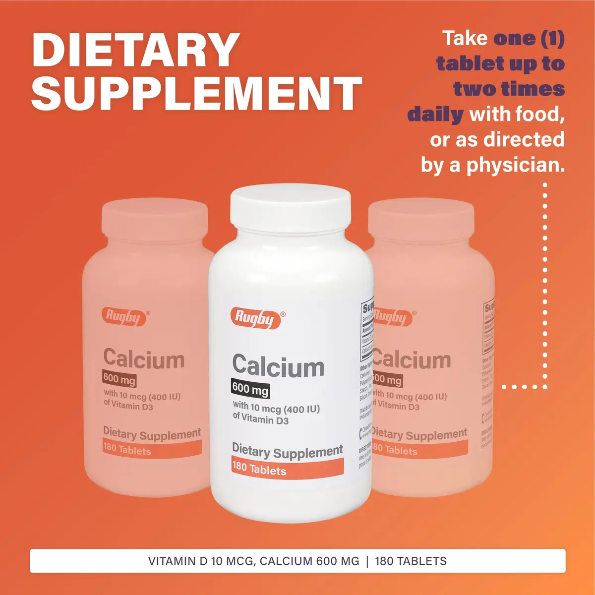 RUGBY LABORATORIES Calcium 600mg Tablets with Vitamin D3 10mcg | Dietary Supplement for Bone Support - view 2
