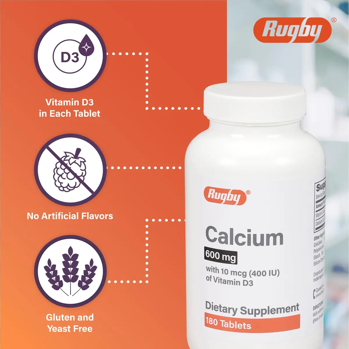 RUGBY LABORATORIES Calcium 600mg Tablets with Vitamin D3 10mcg | Dietary Supplement for Bone Support - view 3