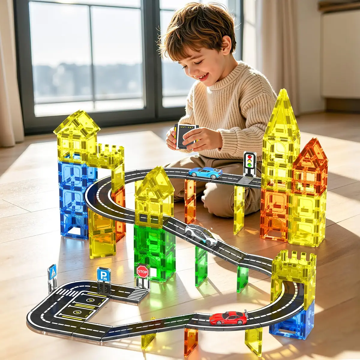 IGIVI Magnetic Tiles Road Set, 45° Curve Road Expansion, Magnetic Building Blocks for Kids 3+ | Creative Montessori Toy - view 4