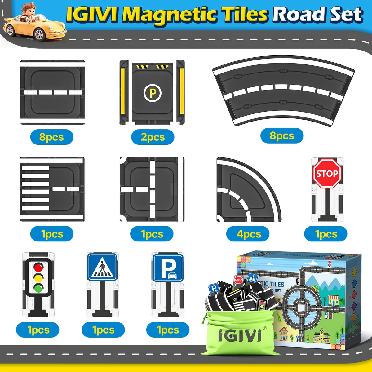 IGIVI Magnetic Tiles Road Set, 45° Curve Road Expansion, Magnetic Building Blocks for Kids 3+ | Creative Montessori Toy - view 5