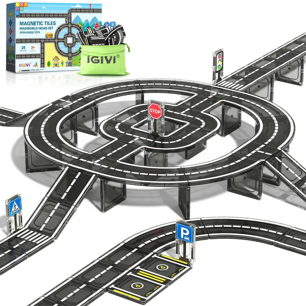 IGIVI Magnetic Tiles Road Set, 45° Curve Road Expansion, Magnetic Building Blocks for Kids 3+ | Creative Montessori Toy - main product image