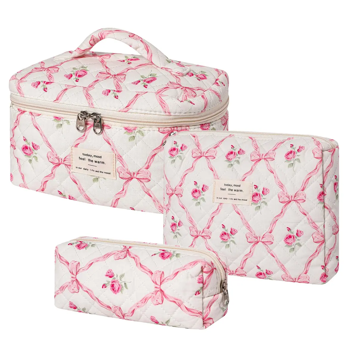 uekeboag 3Pcs Quilted Cotton Makeup Bag | Floral Coquette Travel Cosmetic Bags for Women & Girls - main product image