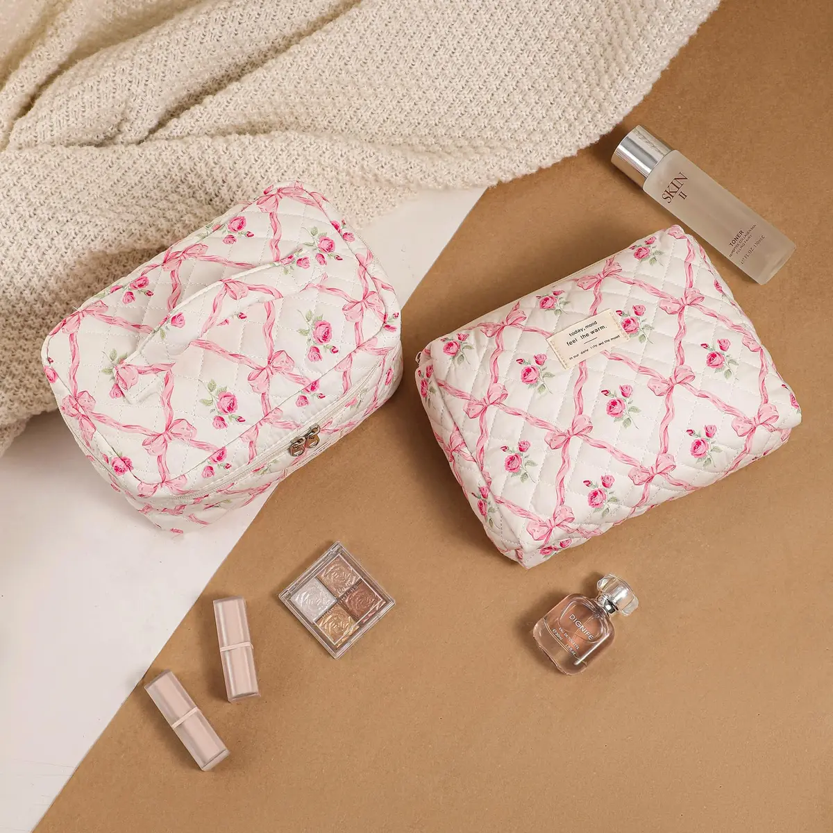 uekeboag 3Pcs Quilted Cotton Makeup Bag | Floral Coquette Travel Cosmetic Bags for Women & Girls - view 5