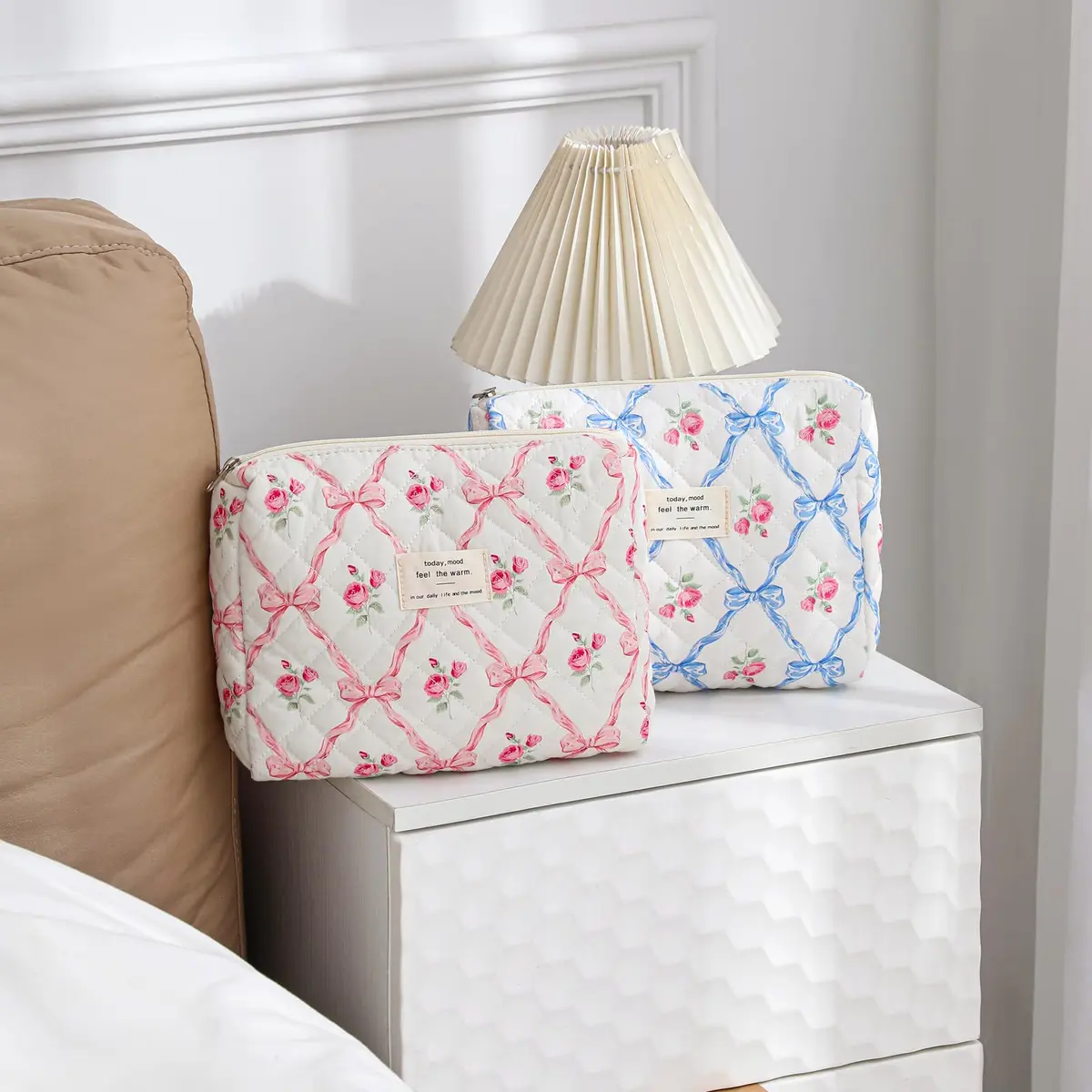 uekeboag 3Pcs Quilted Cotton Makeup Bag | Floral Coquette Travel Cosmetic Bags for Women & Girls - view 6