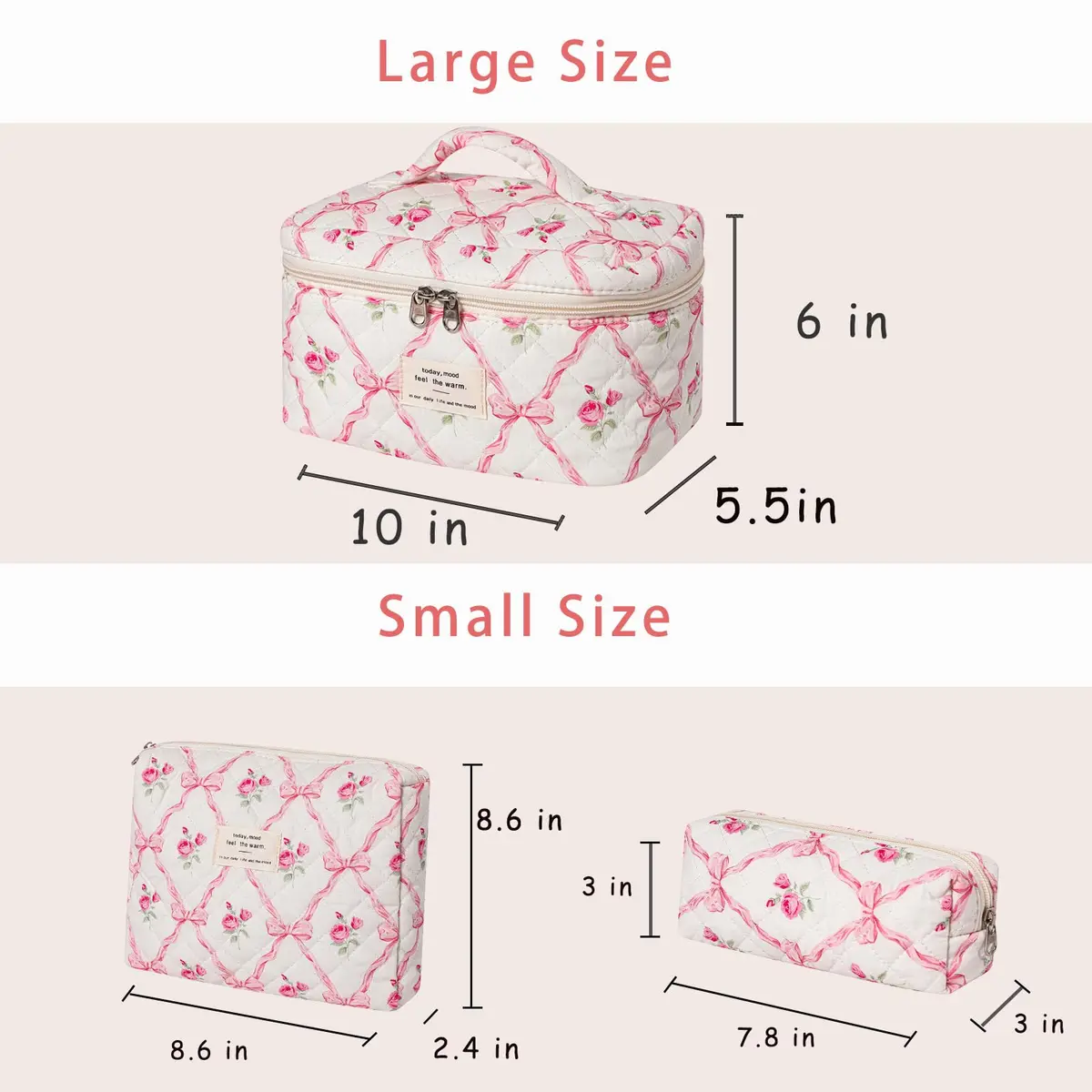 uekeboag 3Pcs Quilted Cotton Makeup Bag | Floral Coquette Travel Cosmetic Bags for Women & Girls - view 2