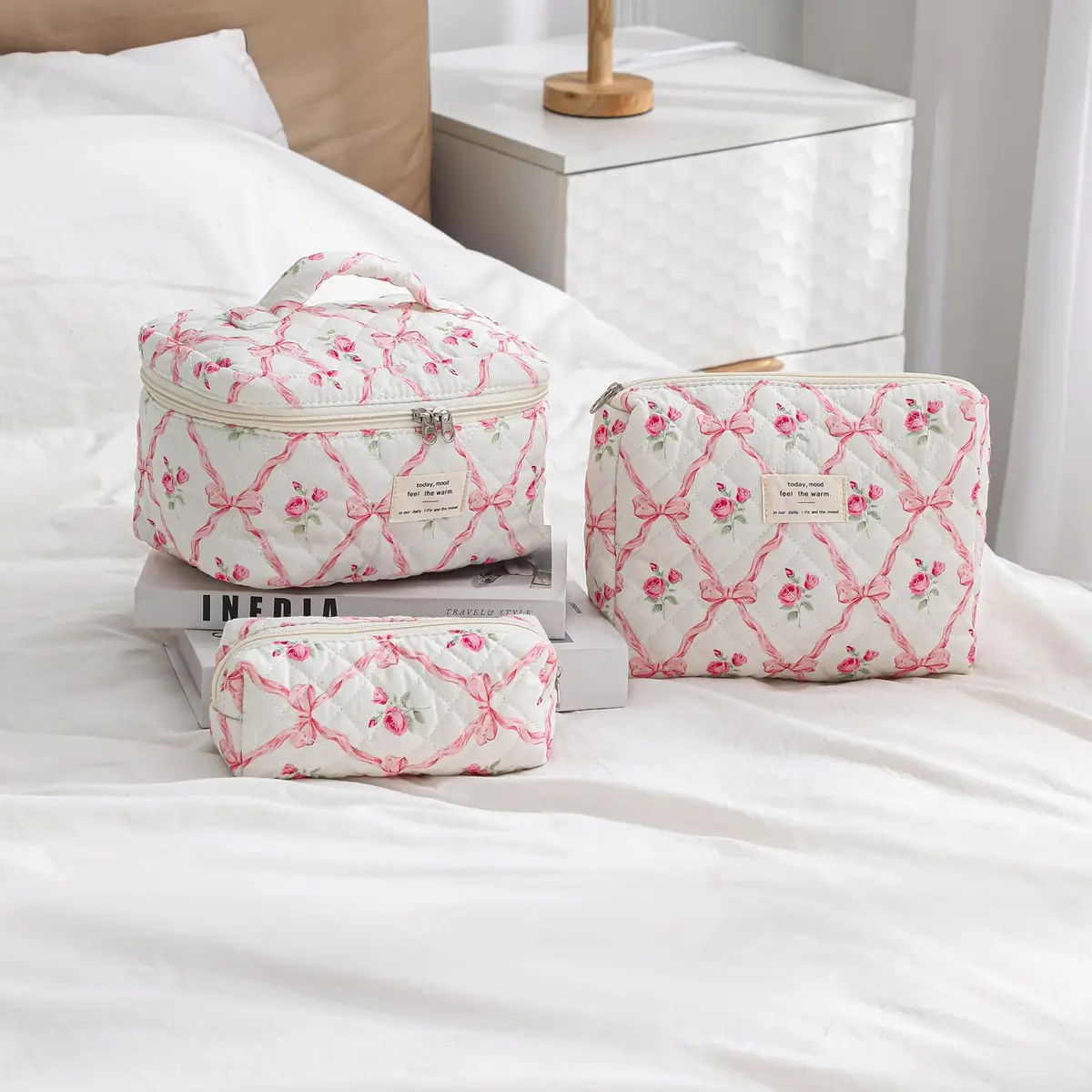 uekeboag 3Pcs Quilted Cotton Makeup Bag | Floral Coquette Travel Cosmetic Bags for Women & Girls - view 3