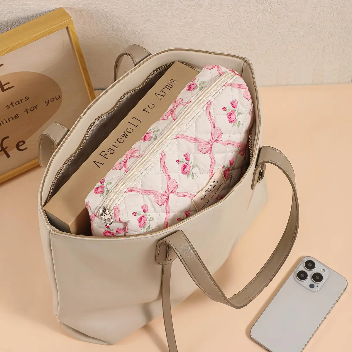 uekeboag 3Pcs Quilted Cotton Makeup Bag | Floral Coquette Travel Cosmetic Bags for Women & Girls - view 4