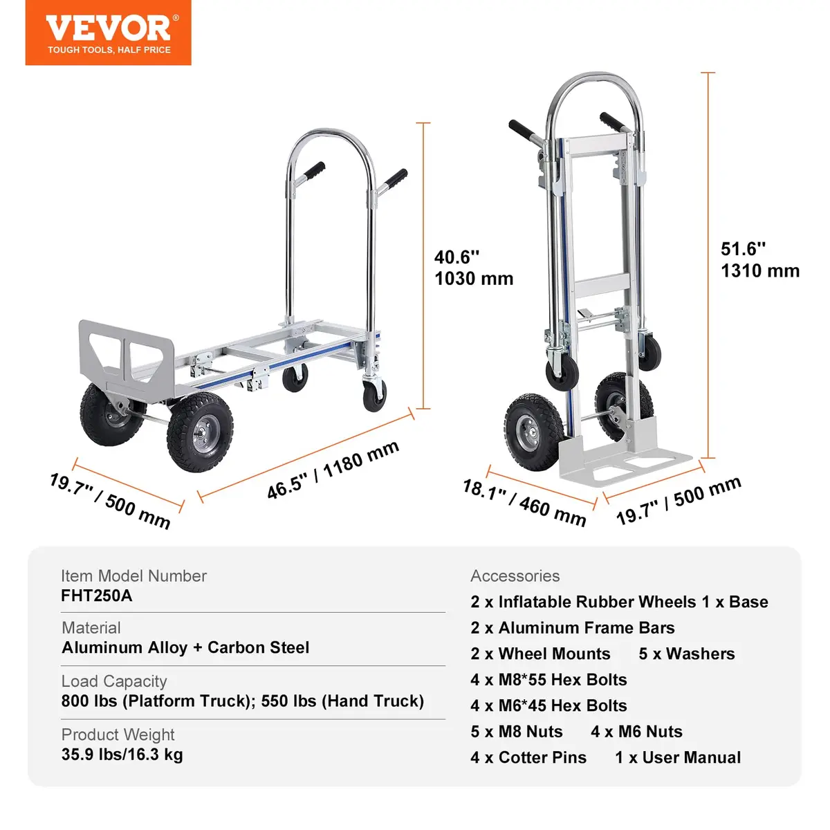 VEVOR Aluminum Truck 2 in 1 | Heavy Duty Industrial Folding Hand Truck & Dolly, 800 lbs Load - view 7