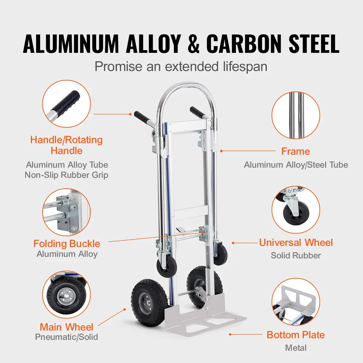 VEVOR Aluminum Truck 2 in 1 | Heavy Duty Industrial Folding Hand Truck & Dolly, 800 lbs Load - view 4