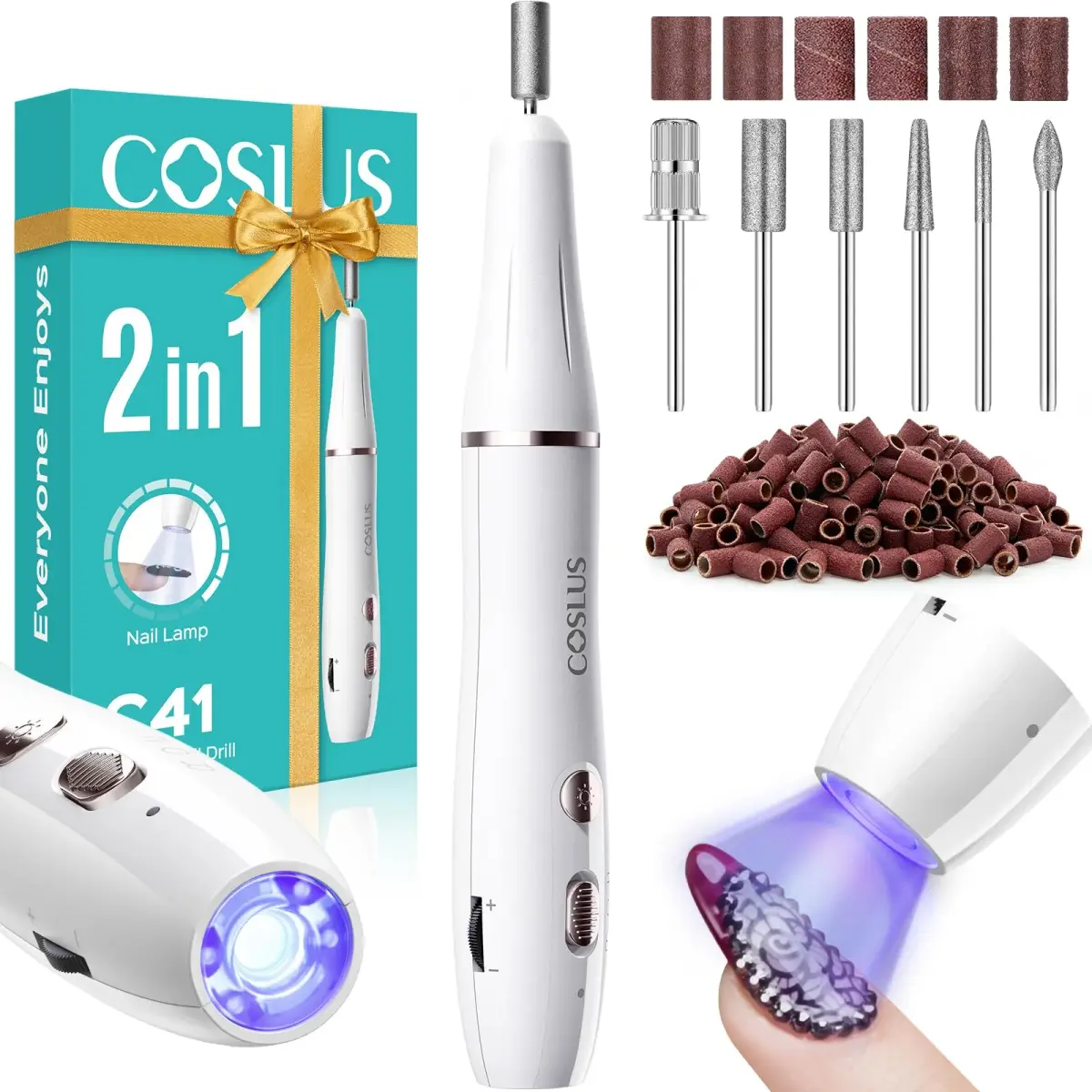 COSLUS C41 Cordless Nail Drill with Flash Cure Lamp | 77.1g (2.7oz) Portable Electric Nail File for Acrylic Gel Dip Powder Nails - main product image