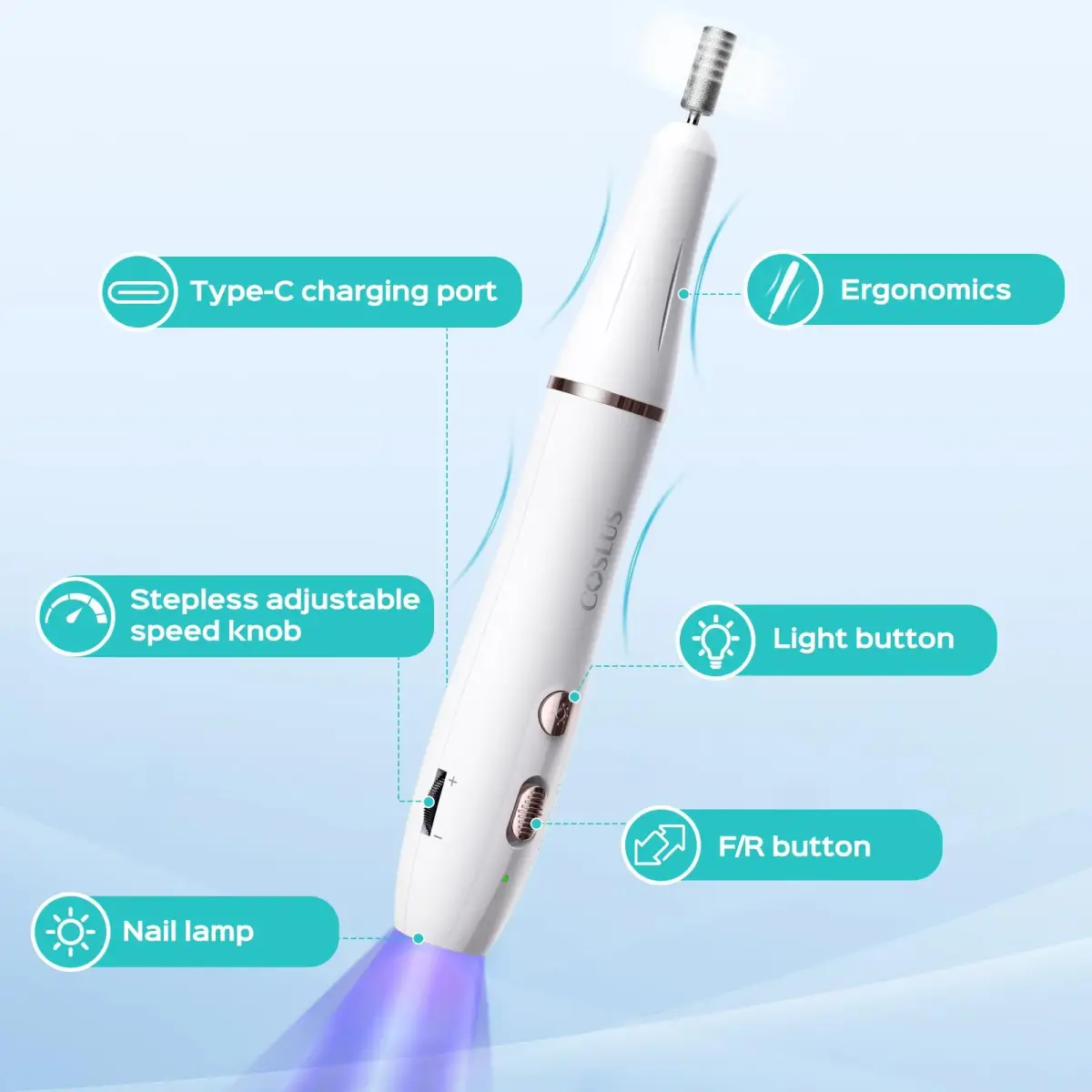 COSLUS C41 Cordless Nail Drill with Flash Cure Lamp | 77.1g (2.7oz) Portable Electric Nail File for Acrylic Gel Dip Powder Nails - view 6