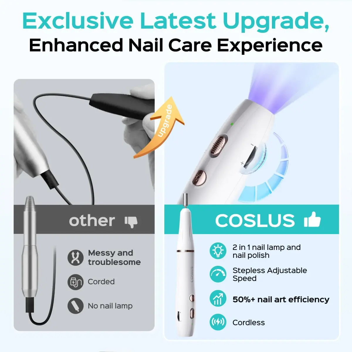 COSLUS C41 Cordless Nail Drill with Flash Cure Lamp | 77.1g (2.7oz) Portable Electric Nail File for Acrylic Gel Dip Powder Nails - view 3