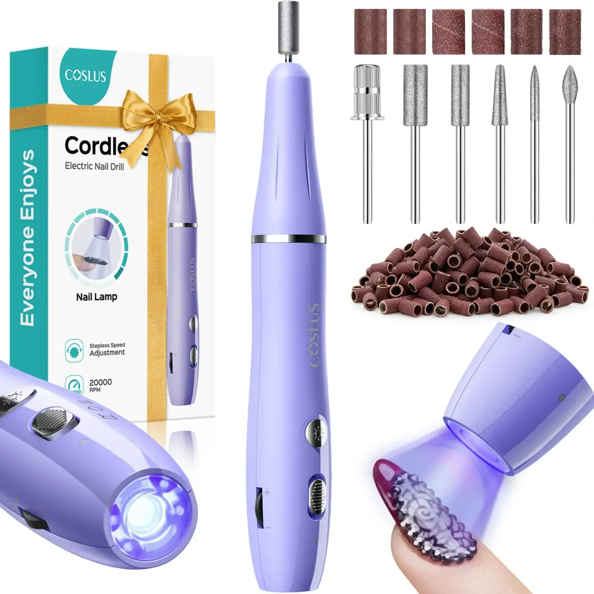 COSLUS C41 Cordless Nail Drill with Flash Cure Lamp, Purple, 2-in-1 Electric Nail File & Curing Lamp - main product image