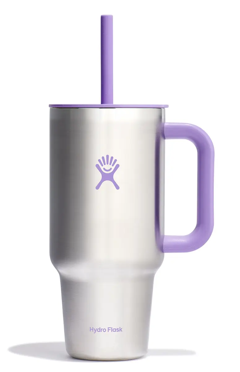Hydro Flask Travel Tumbler with Handle, Lid and Straw - Insulated Stainless Steel 946ml (32 Oz) Violet | Keeps Drinks Cold for Hours - main product image
