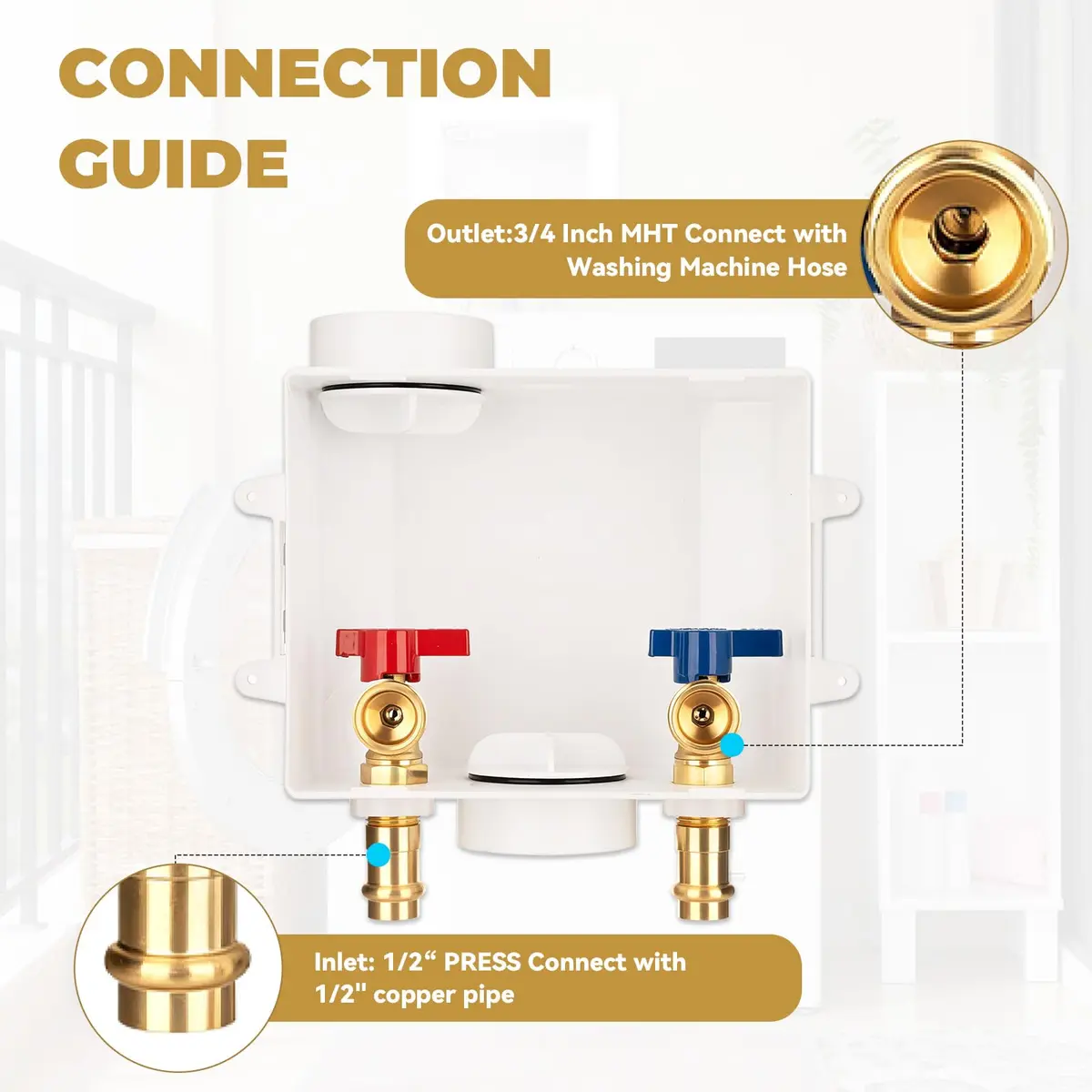 SECKWHALE Press Washing Machine Outlet Box with Center Drain 207.5 cu in | Copper Press Connections, Recessed Box, 1/2 Inch Press x 3/4 Inch MHT - view 4