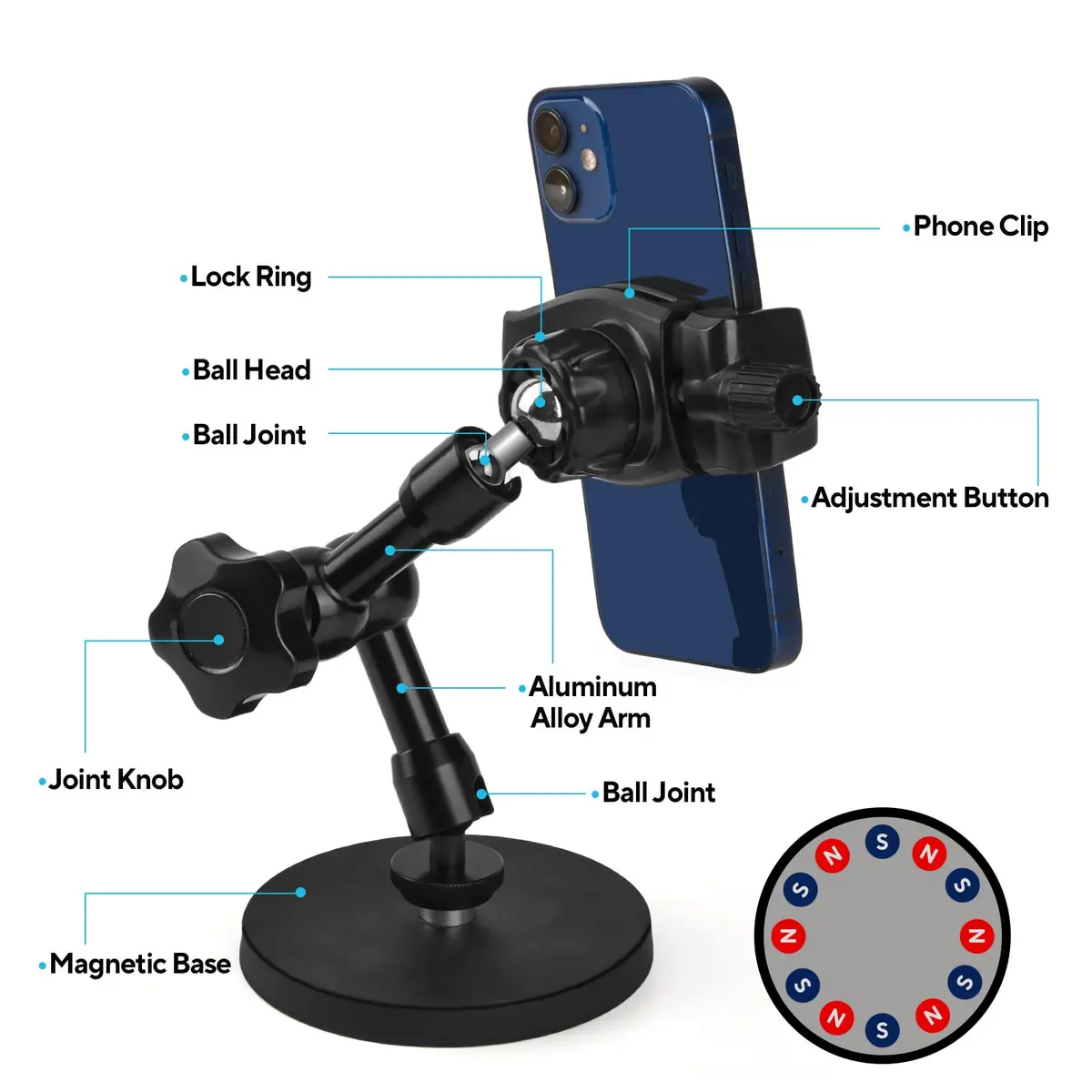 HOYXUN Magnetic Phone Holder for Gym, Heavy Duty 360° Adjustable Metal Arm | Strong Magnet & Multi-Angle Support - view 2