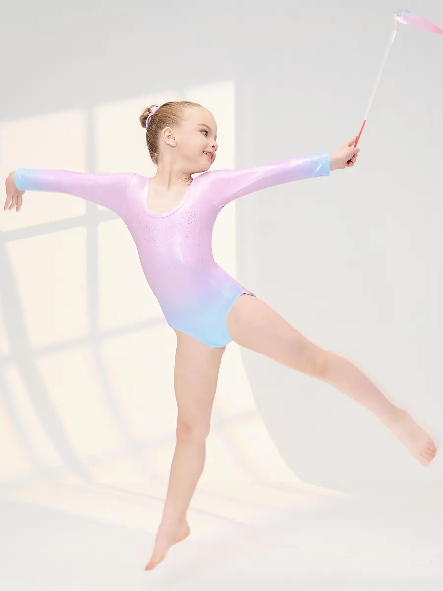 Gogokids Girls Long Sleeve 3 Pcs Gymnastics Leotard Set with Shorts | Sparkling Rhinestones, Breathable Polyester & Spandex, Age 3-12 - view 6