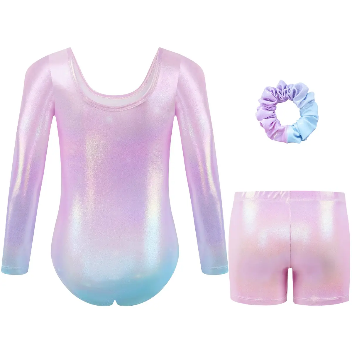 Gogokids Girls Long Sleeve 3 Pcs Gymnastics Leotard Set with Shorts | Sparkling Rhinestones, Breathable Polyester & Spandex, Age 3-12 - view 2