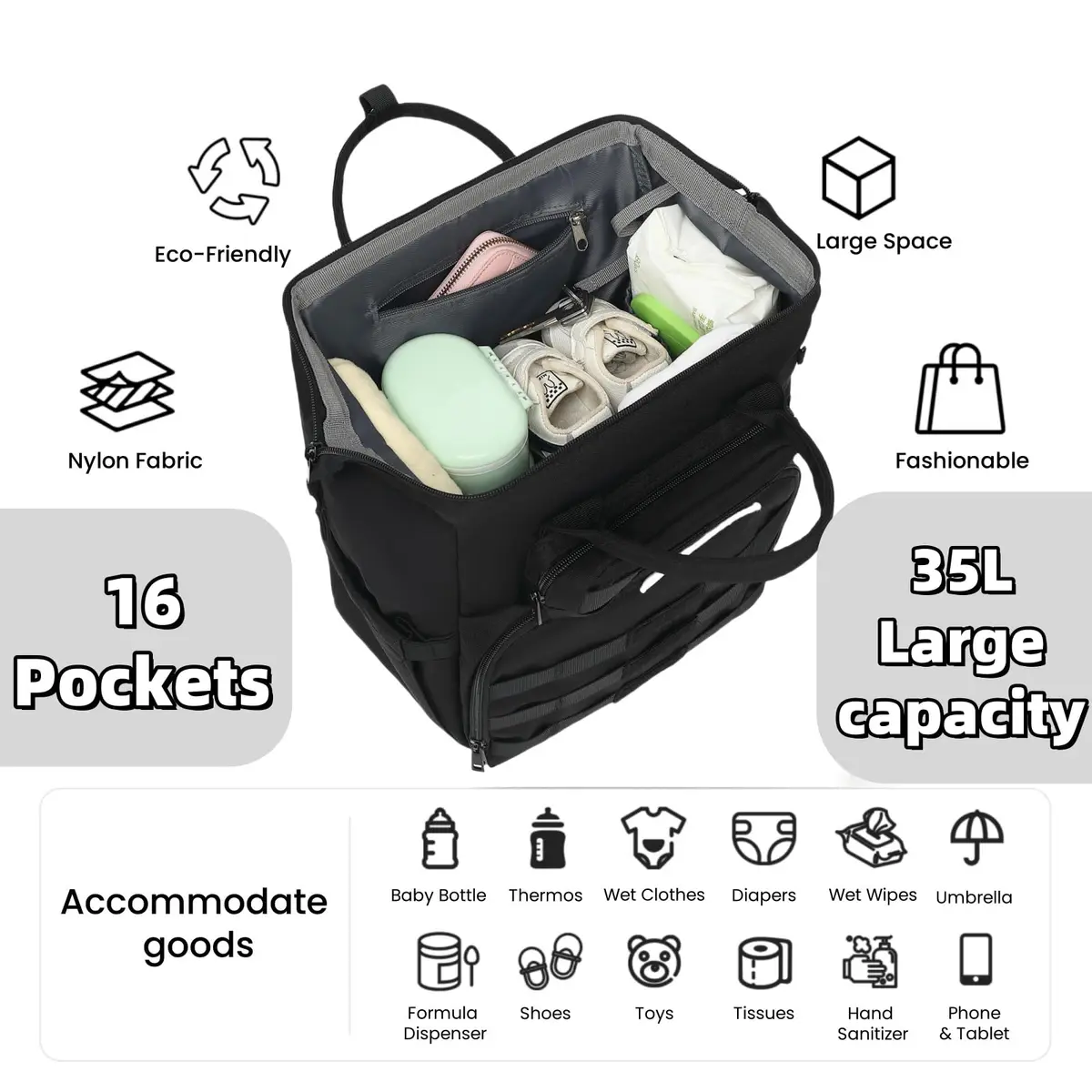 ROSEGIN Diaper Bag Backpack for Dad and Men, Large 35L Travel Baby Bag with Changing Pad & Insulated Pockets (Shadow Black) - view 4