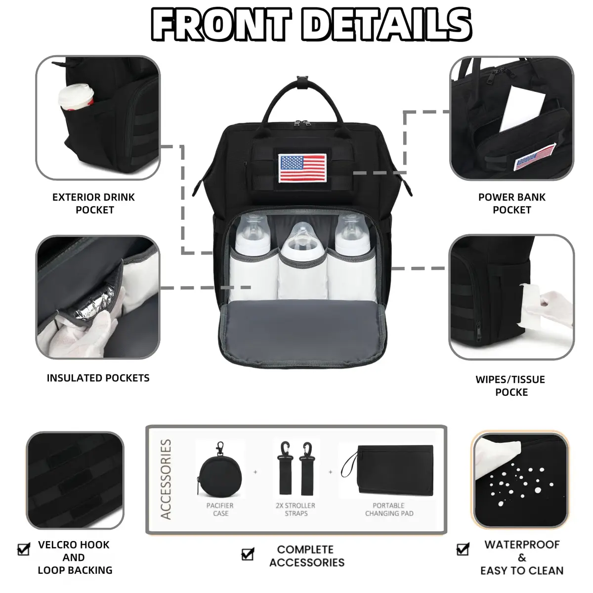 ROSEGIN Diaper Bag Backpack for Dad and Men, Large 35L Travel Baby Bag with Changing Pad & Insulated Pockets (Shadow Black) - view 5
