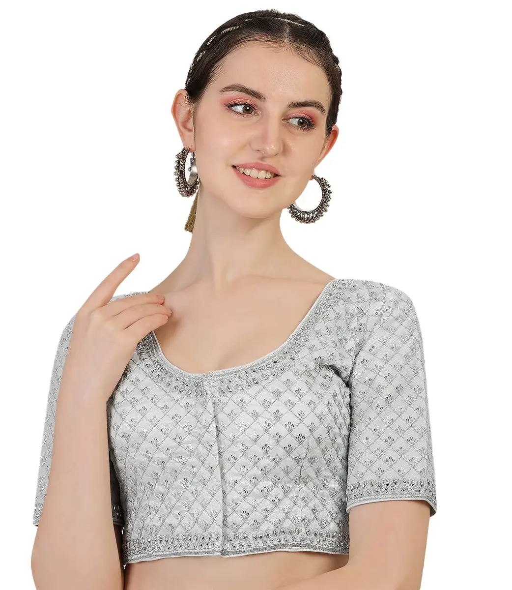 Pujia Mills Women's Heavy Silver Jari Thread Readymade Blouse for Saree Lehenga, White, 36 - main product image
