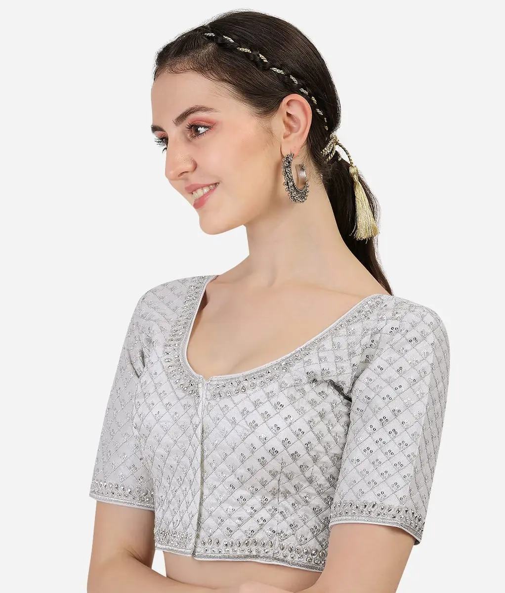 Pujia Mills Women's Heavy Silver Jari Thread Readymade Blouse for Saree Lehenga, White, 36 - view 4