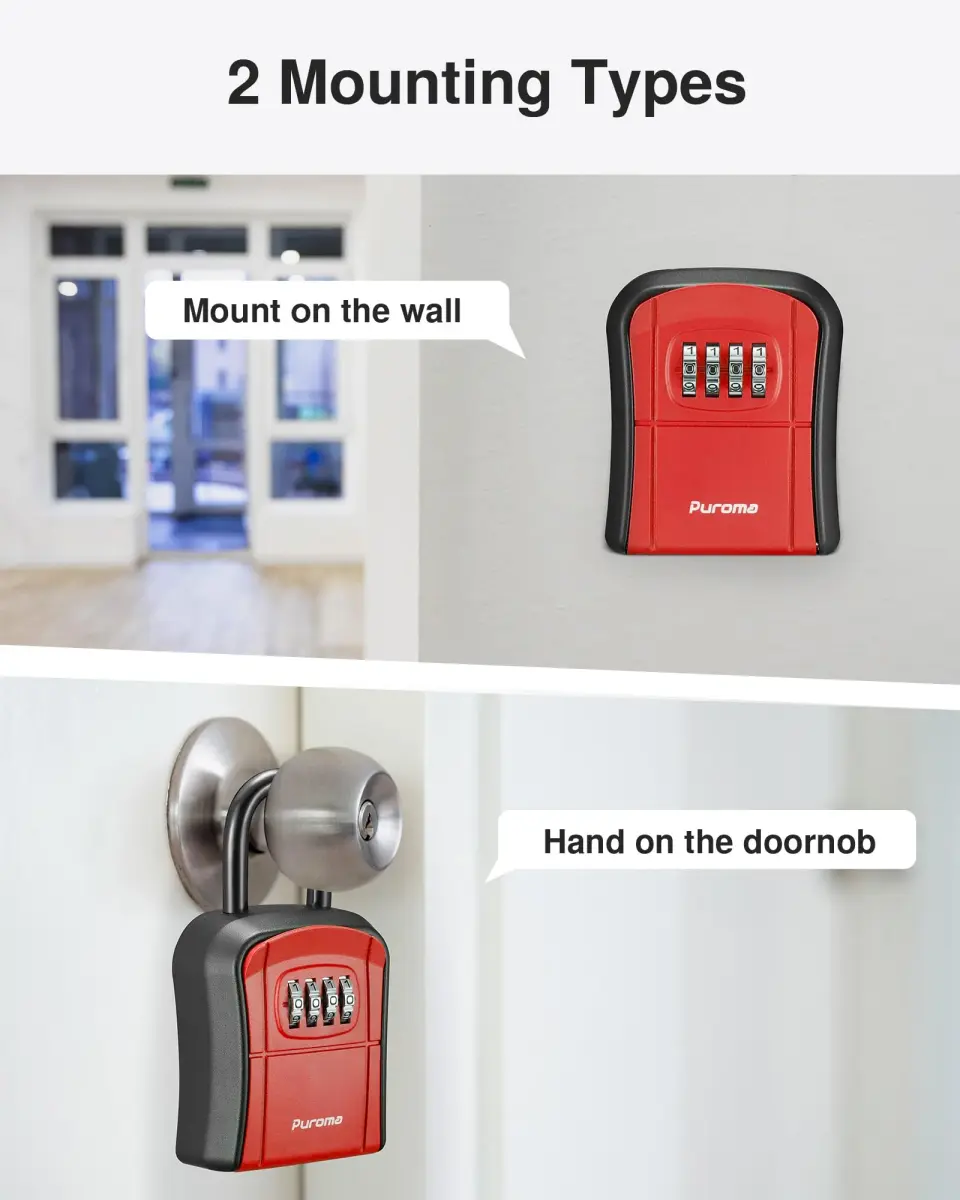 Puroma Red Key Lock Box Outdoor 4 Digit Combination Lockbox | Wall Mounted & Hangable - view 2