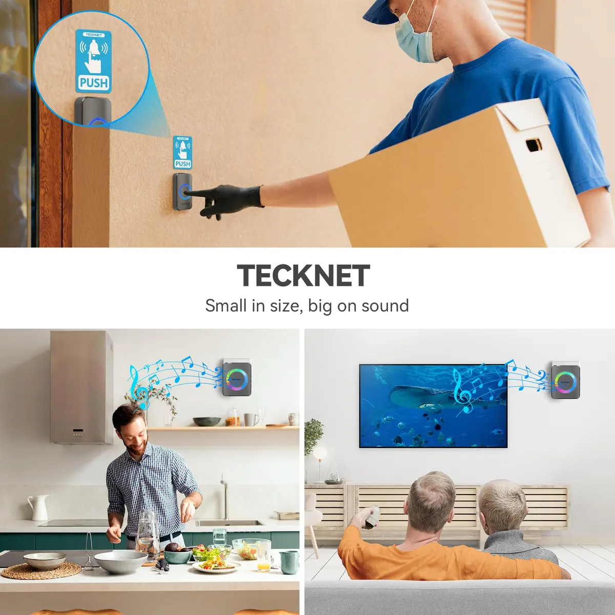 TECKNET Wireless Doorbell Kit with 2 Plug-in Receivers, 1300 ft Range, IP65 Waterproof, 60 Chimes & 5 Volume Levels, RGB Light, Grey - view 6