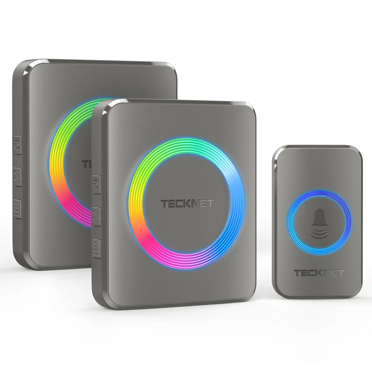 TECKNET Wireless Doorbell Kit with 2 Plug-in Receivers, 1300 ft Range, IP65 Waterproof, 60 Chimes & 5 Volume Levels, RGB Light, Grey - main product image