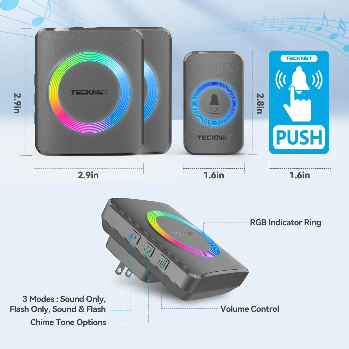 TECKNET Wireless Doorbell Kit with 2 Plug-in Receivers, 1300 ft Range, IP65 Waterproof, 60 Chimes & 5 Volume Levels, RGB Light, Grey - view 7