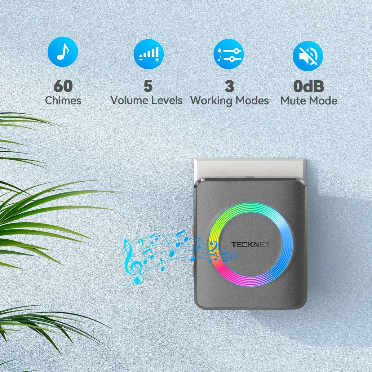 TECKNET Wireless Doorbell Kit with 2 Plug-in Receivers, 1300 ft Range, IP65 Waterproof, 60 Chimes & 5 Volume Levels, RGB Light, Grey - view 2