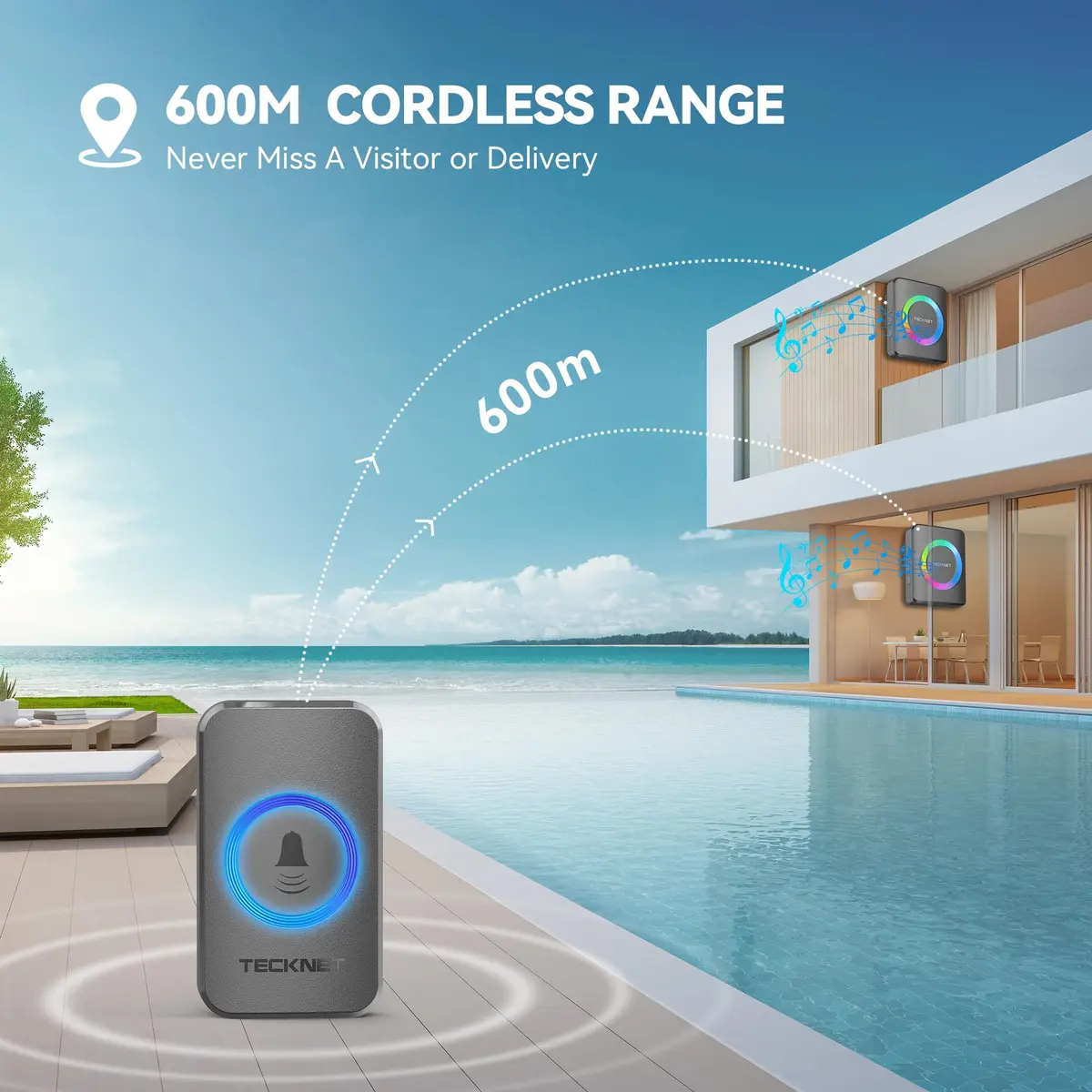 TECKNET Wireless Doorbell Kit with 2 Plug-in Receivers, 1300 ft Range, IP65 Waterproof, 60 Chimes & 5 Volume Levels, RGB Light, Grey - view 3