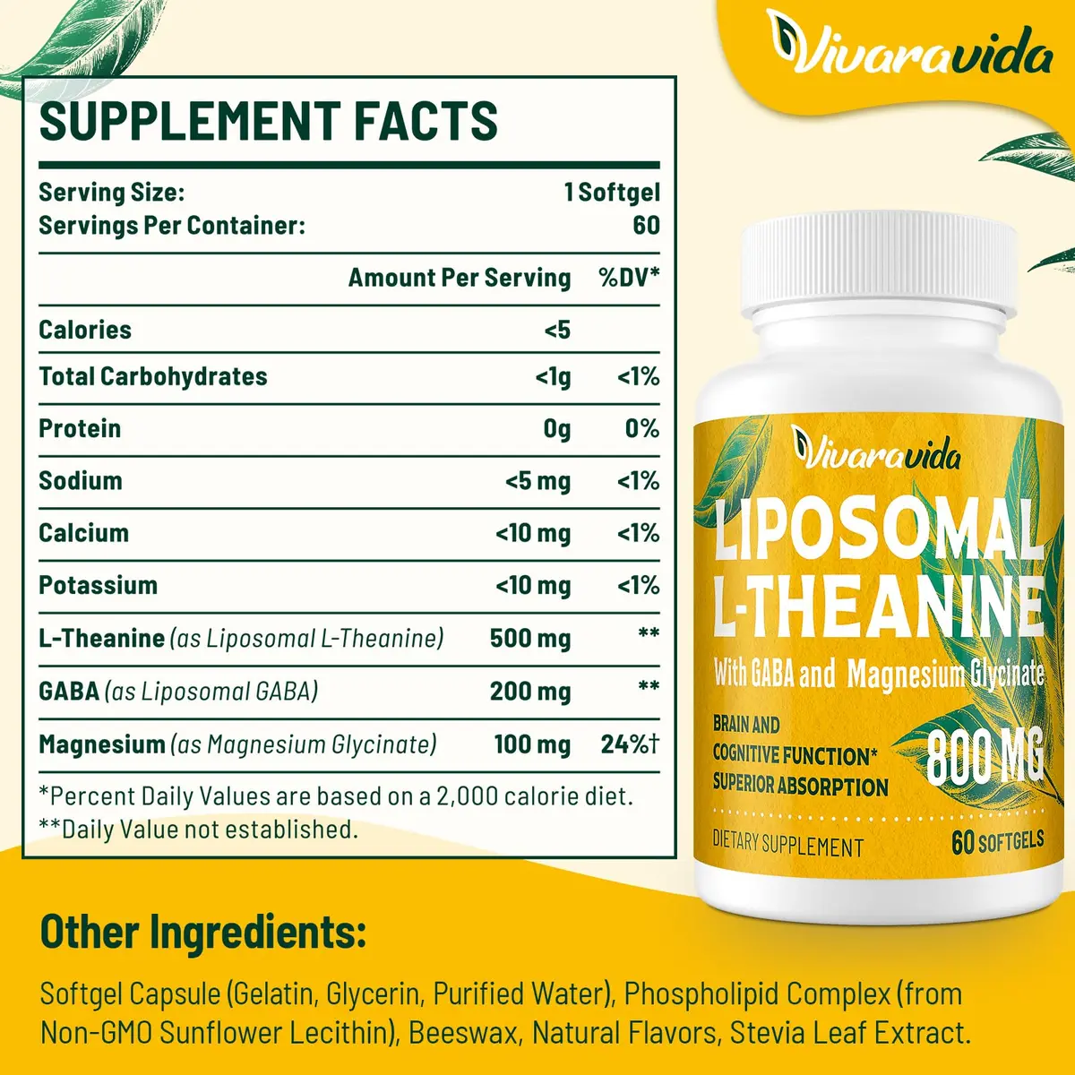 Vivaravida L-Theanine 800mg Supplement with GABA & Magnesium Glycinate | Sleep & Relaxation Support - view 2