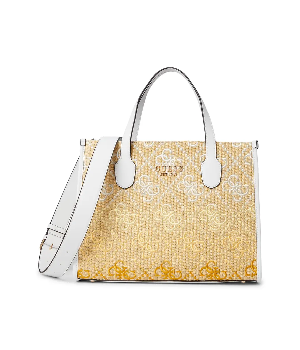 GUESS Silvana Raffia Tote | Modern Top-Handle Bag with Gold Hardware (13.25 in) - main product image