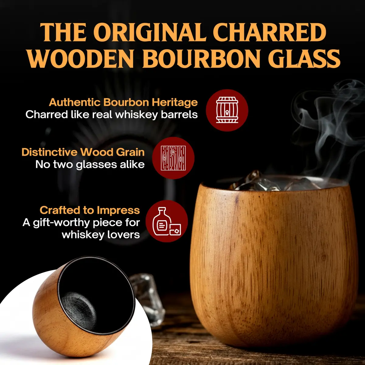 Oaksip Charred Wooden Bourbon Glass | Flavor Preserving Old Fashioned Glass | Whiskey & Bourbon Gift for Men, Dad, Brother - view 2