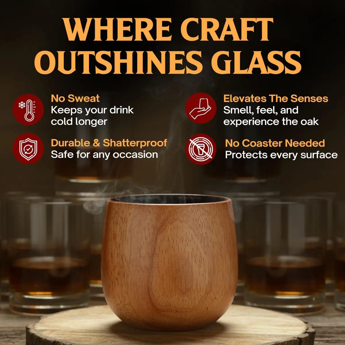 Oaksip Charred Wooden Bourbon Glass | Flavor Preserving Old Fashioned Glass | Whiskey & Bourbon Gift for Men, Dad, Brother - view 3