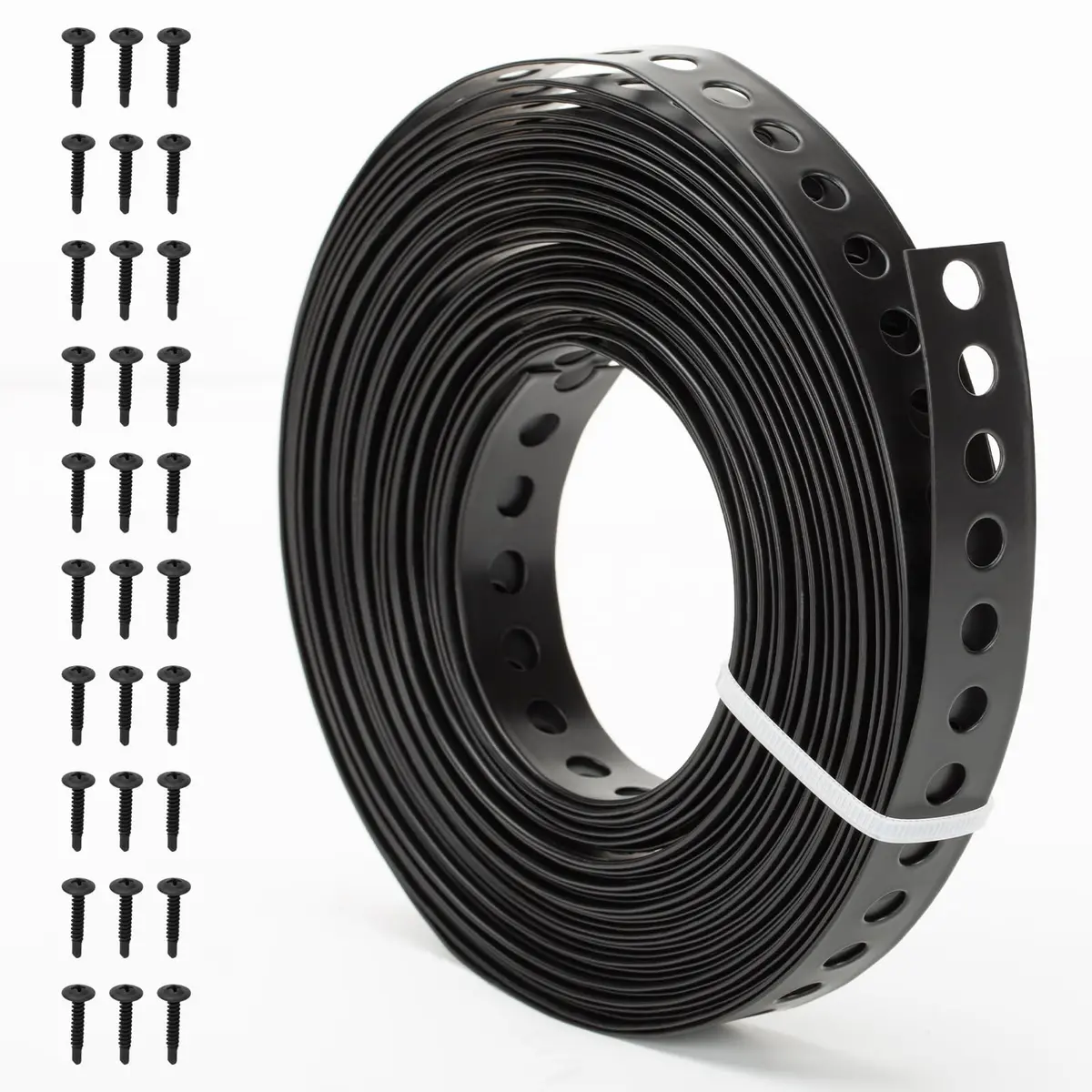 AxiSculpt Black Metal Strap with Holes 33 ft (9.9 m) | Heavy Duty Galvanized Steel Securing Band with 30 Screws - main product image