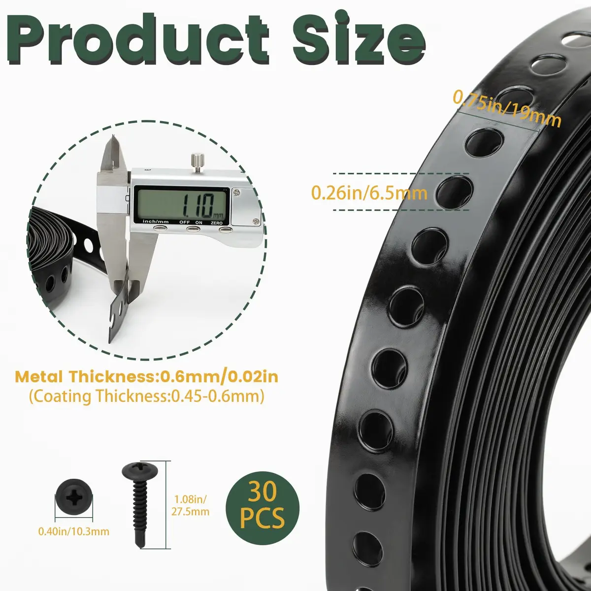 AxiSculpt Black Metal Strap with Holes 33 ft (9.9 m) | Heavy Duty Galvanized Steel Securing Band with 30 Screws - view 2