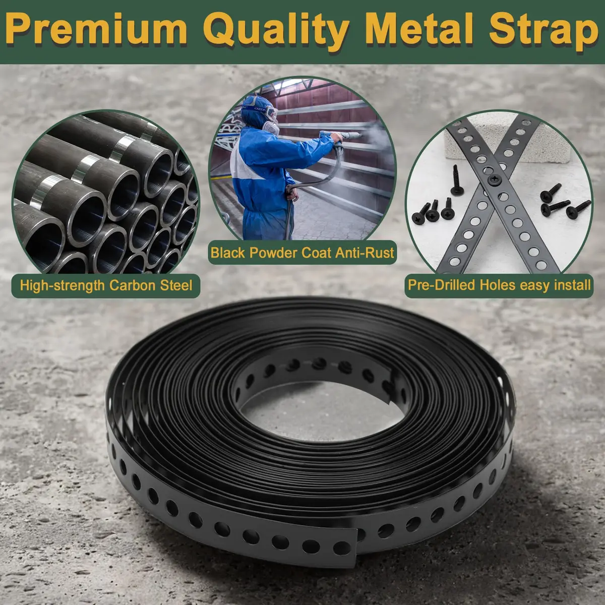 AxiSculpt Black Metal Strap with Holes 33 ft (9.9 m) | Heavy Duty Galvanized Steel Securing Band with 30 Screws - view 3