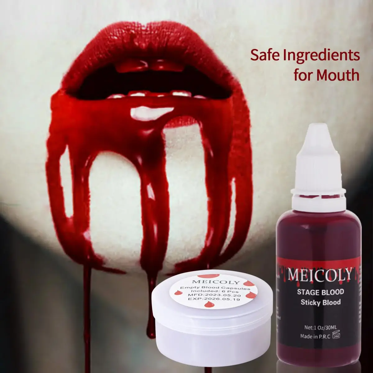 MEICOLY Edible Fake Blood with Capsules | 30ml (1.06 Fl Oz) Realistic Stage Blood for SFX Makeup - view 3