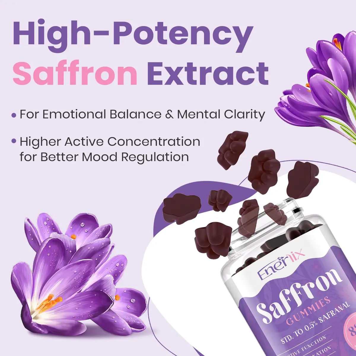 Enerlix Saffron Supplement Gummies for Mood & Focus, 60 Count (Pack of 2) | Vegan, Organic, Fast Absorption - view 5